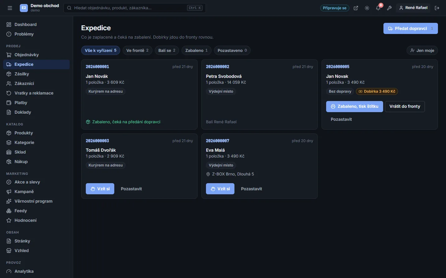 Administrace Buyshop – Expedice (Tmavý režim)