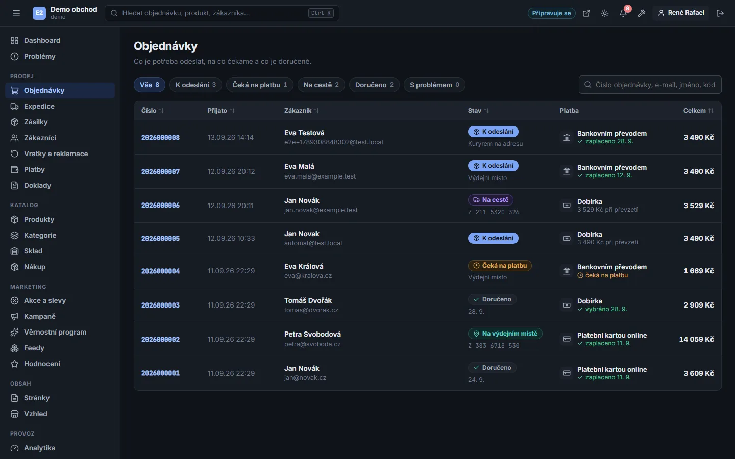 Administrace Buyshop – Objednávky (Tmavý režim)